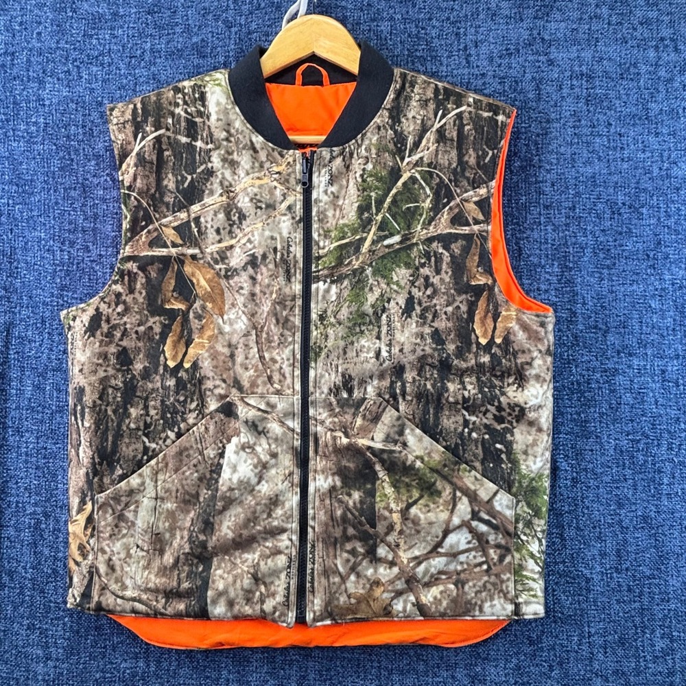 Cabelas Zonz Woodlands Camo Vest Mens M Orange Polyester Reversible Full Zip